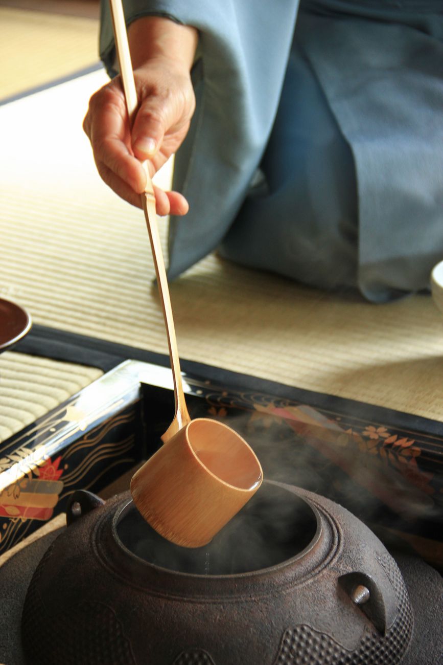 Traditional Japanese tea set with steam rising in morning light